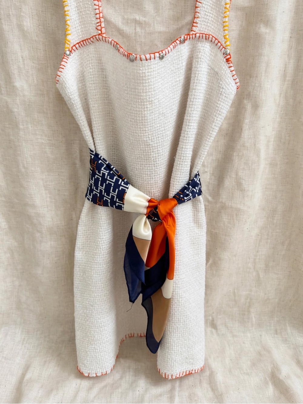 H&M Cream Mini Dress with Navy & Orange Sash - Picture 2 of 6